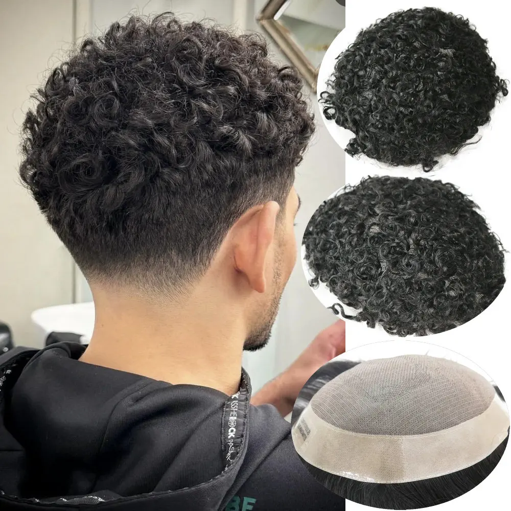 Men Wig Natural Human Hair Toupee 18mm Curly Breathable Mono Male Wig System Prosthesis Male Natural Hairline Black Blond Wig