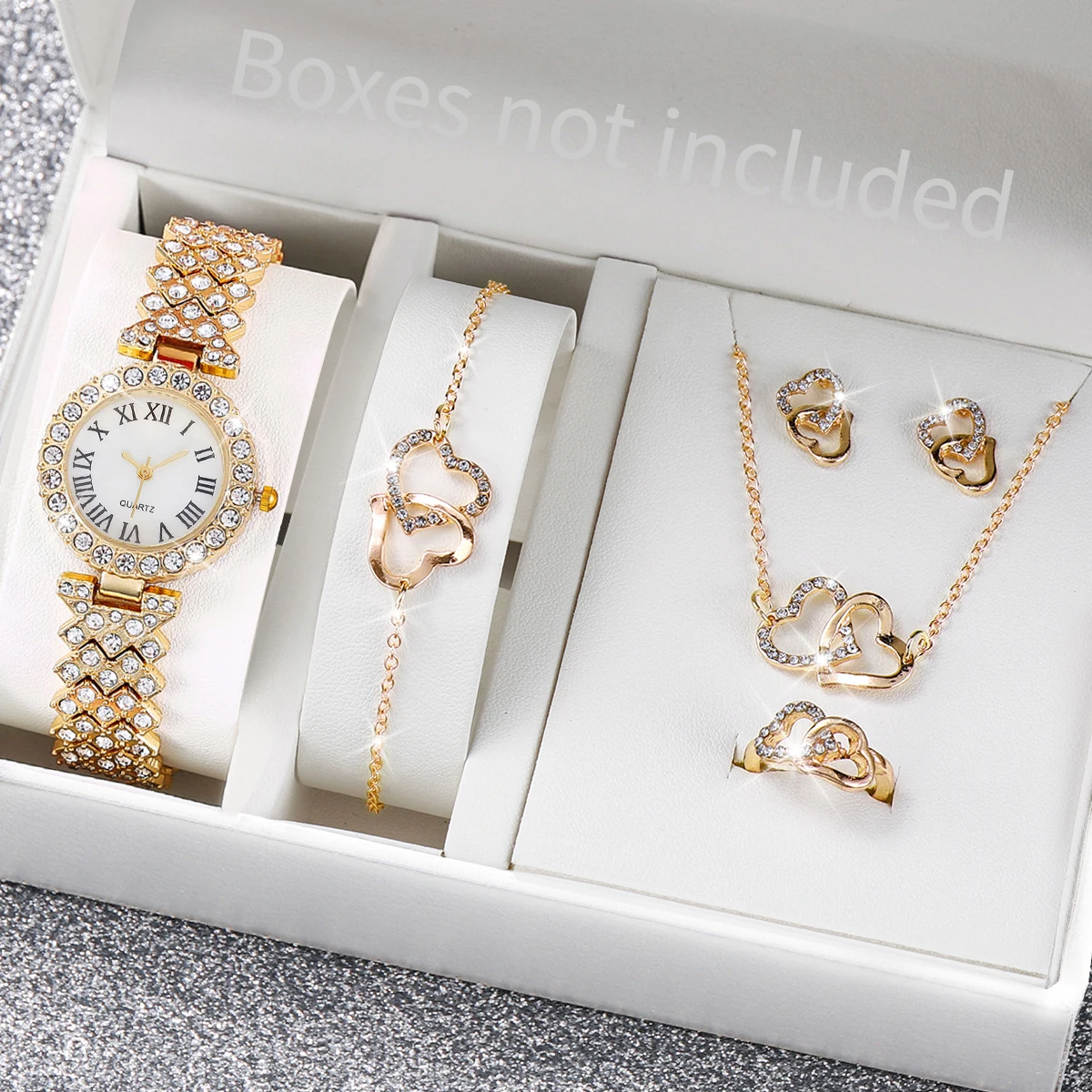 6PCS/Set Fashion Roma Dial Women\'s Watch Full Diamond Steel Band Quartz Watches Rhinestone Heart Jewelry(Without Box)