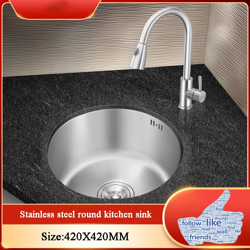 

Kitchen Round Sink 304 Single Groove Stainless Steel Dish Washing Basin Thickened Sink With Kitchen Faucet Drain Accessores