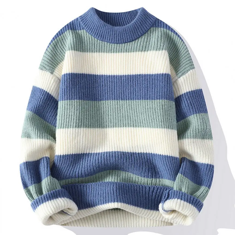 Men Loose Sweater Men's Colorblock Knitted Sweater with Half-high Collar for Fall Winter Thickened Warm Pullover for Daily Wear