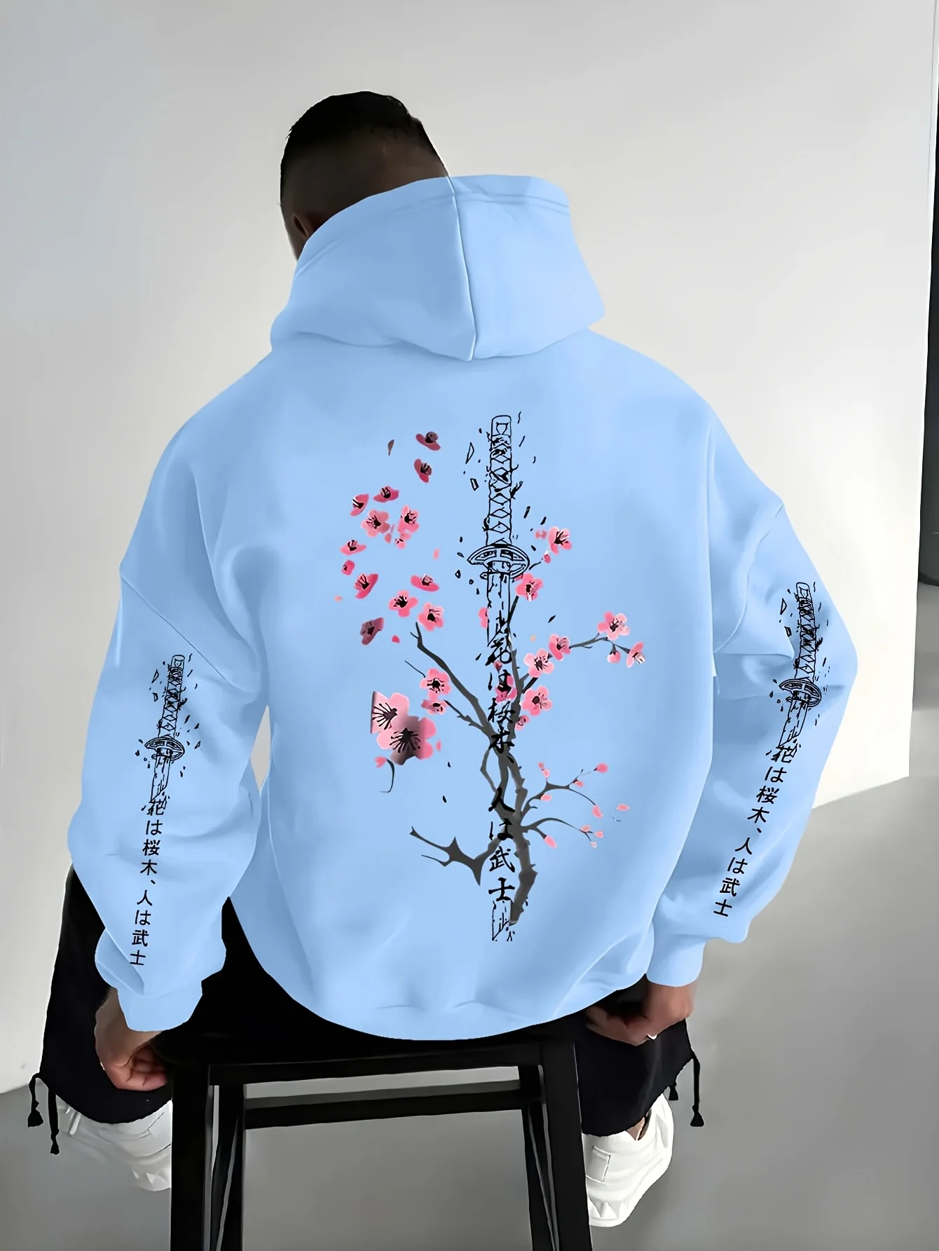 Herren-Hoodie im japanischen orientalischen Stil für Herbst und Winter mit Samurai-Schwert- und Sakura-Tuschemalerei-Print, lässiger Streetwear-Fleece-Pullover – Detail 5
