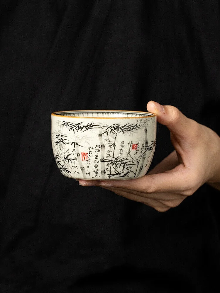 

Black Bamboo Ru Kiln Master Cup Household Tea Cup Handmade Tea Bowl Smelling Cup
