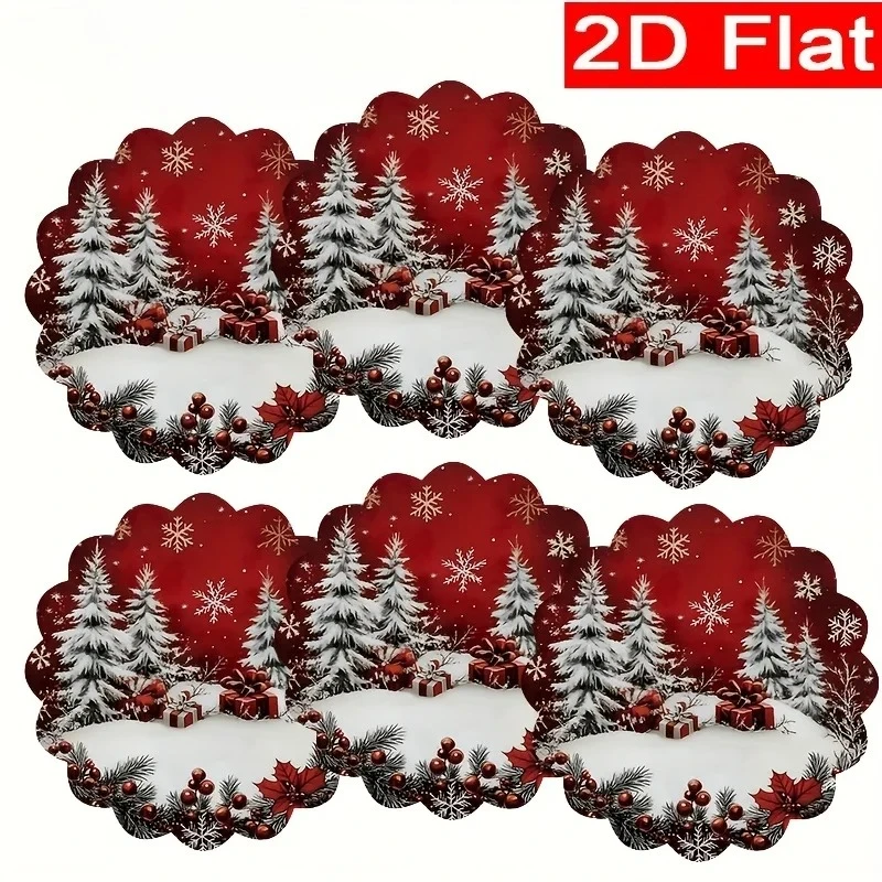 2/4pcs Winter Christmas Round Placemats, Red Xmas Snow‑Covered Pine Tree Gift Pattern Table Mats,Durable Holiday Table Decor