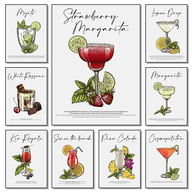 Simple Illustration Abstract Mixology Various Alcoholic Drinks Mojito Bar Poster Canvas Painting Wall Art Pictures Home Decor