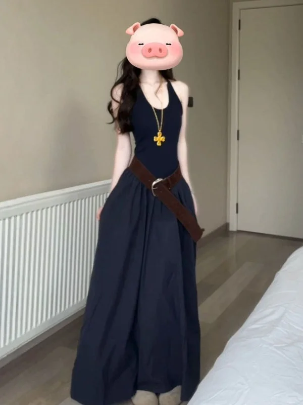 

Элегантное летнее пляжное платье с завышенной талией и длинной юбкой во французском стиле из хлопка с U-образным вырезом