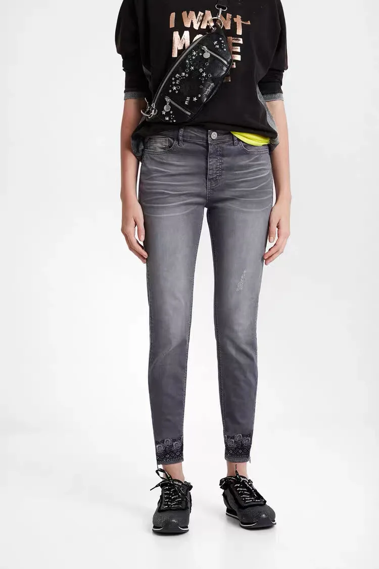 أوروبية، أمريكية، إسبانية، مفردة أصلية، مغسولة بالرمل، أرجل السراويل البالية، جينز نسائي مطرز، علامة تجارية فاخرة خفيفة