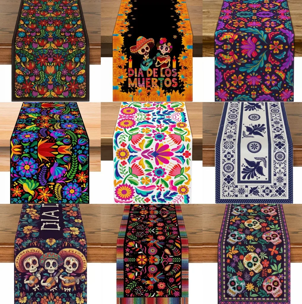 

Mexican Sugar Skull Linen Table Runner Table And Kitchen Linens Home Decor Items For Dining Fiesta Dia De Los Muertos