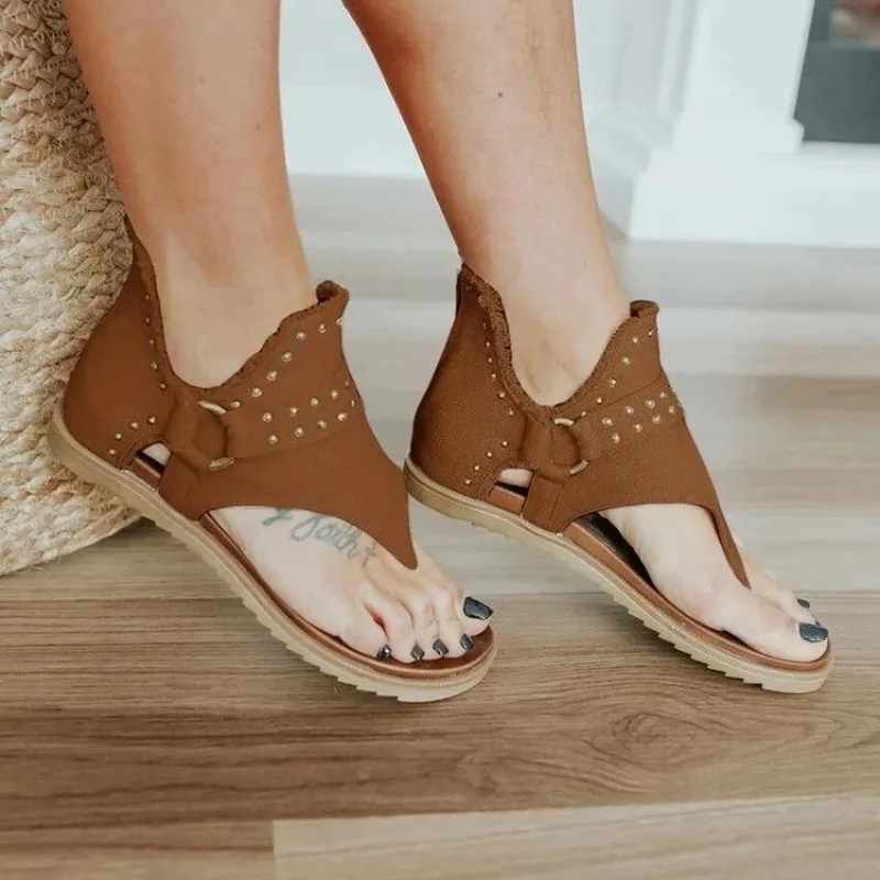 Hot Summer Ladies Sandals Clip Toe Flat Women Platform PU Leather Gladiator Shoes Female Flip Flop Zipper Plus Size Casual Woman