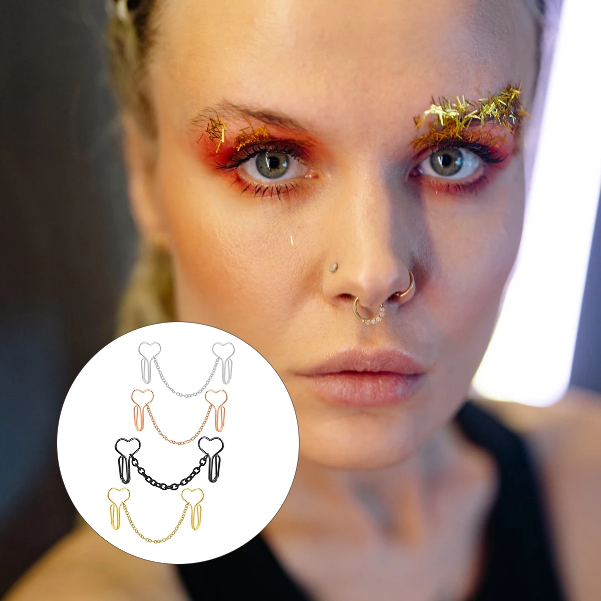 

Fake Nose Ring Chain Jewelry Heart Perforation Stainless Steel Non Piercing Miss