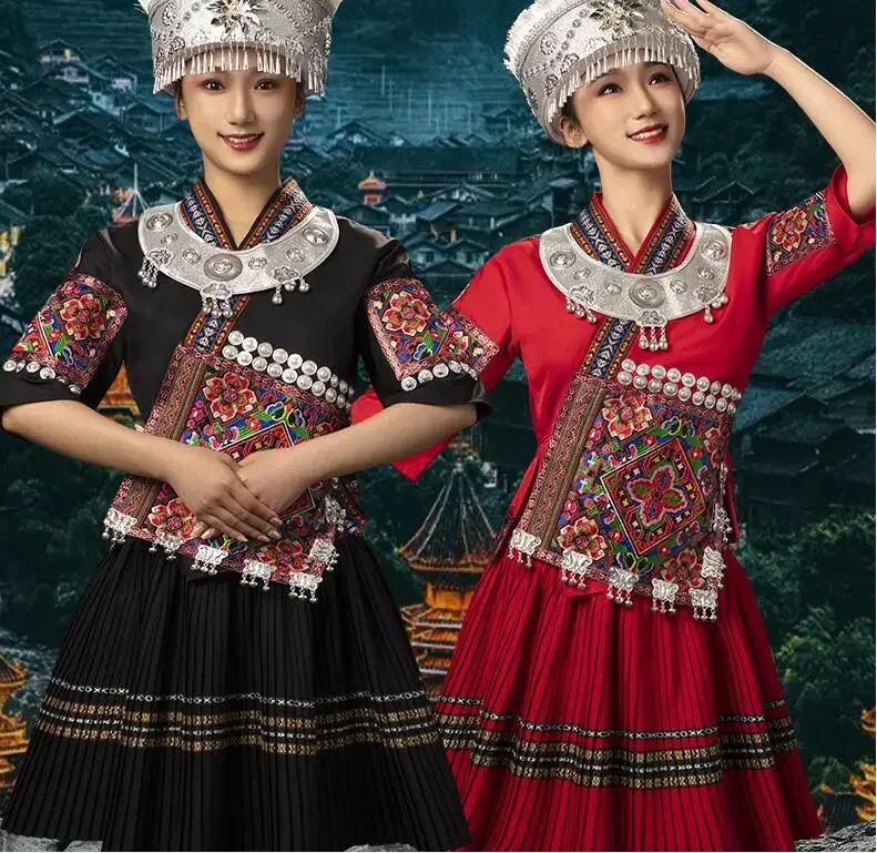 Chinese Hmongb Embroidery Dance Dress Miao Traditional Costume Minority Stage Performance Women