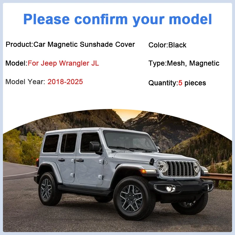 

For Jeep Wrangler JL Accessories Rubicon 5-door 2018-2025 Mesh Magnetic Sunshade Sun Shade Window Curtain Visor Anti UV Cover