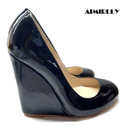 Women’s Black Patent Wedge Pumps – Round Toe High Heel Casual Shoes, Comfortable Work Shoes