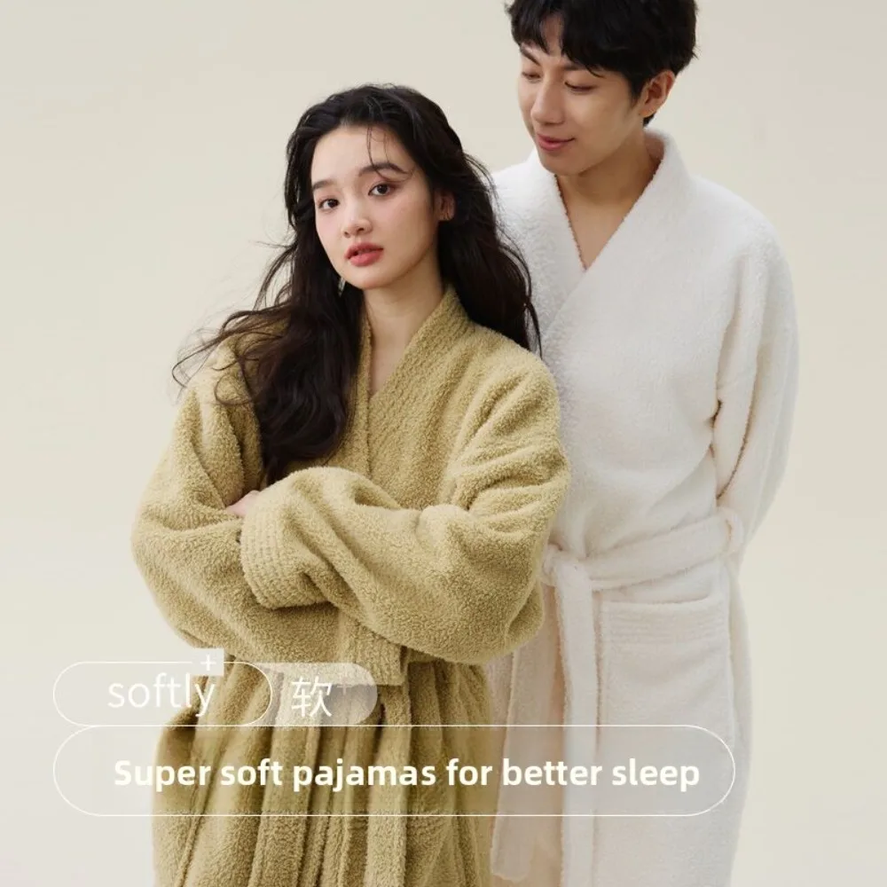Autumn Winter New Couple Nightgown Coral Plush Plus Thick Plush Men's and Women's Extra Long Solid Causal Bathrobe Satin Robe