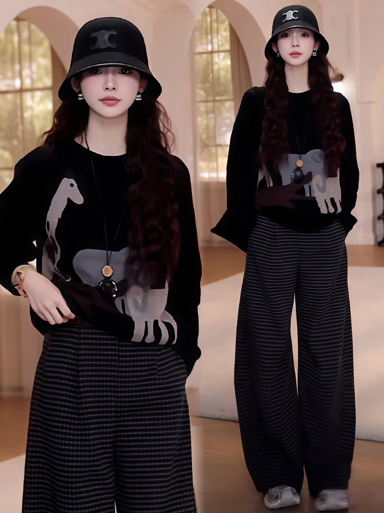 

Women's round Ne Sweater High Waist Wide Leg Pants Two Piece Set Winter Faion Casual Sle Comfortable Warm Cotton Blend