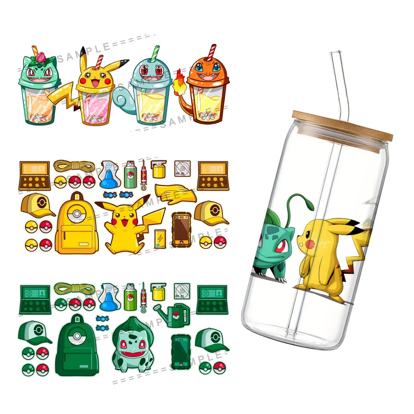 11*24cm Pokemon Cup Wrap Sticker 16oz Uv Dtf waterproof Sticker Transfer Sticker