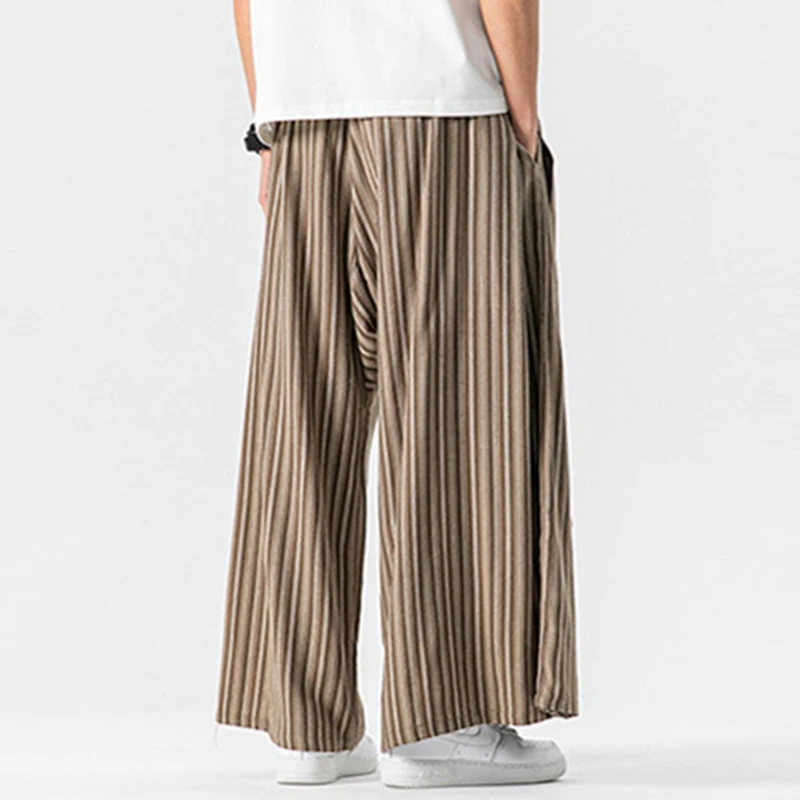 Oversized Men Casual Wide Leg Pants New Arrival 2026 Spring Simple Style Vintage Striped Loose Male Cotton Linen Trousers N074