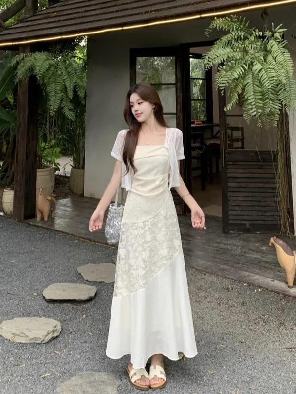

plus Size Women's Gentle Style White Lace Strap Dress Summer New Waist Cinched A-Line Skirt Set Korean Version Slim Fit Long ...