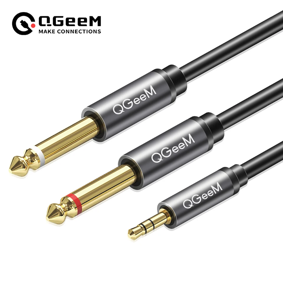 QGeeM Jack 3.5mm do 6.35mm * 2 Adapter kabla Audio do głośnika wzmacniacz miksujący pozłacany kabel Audio 3.5 Jack Splitter 6.5mm