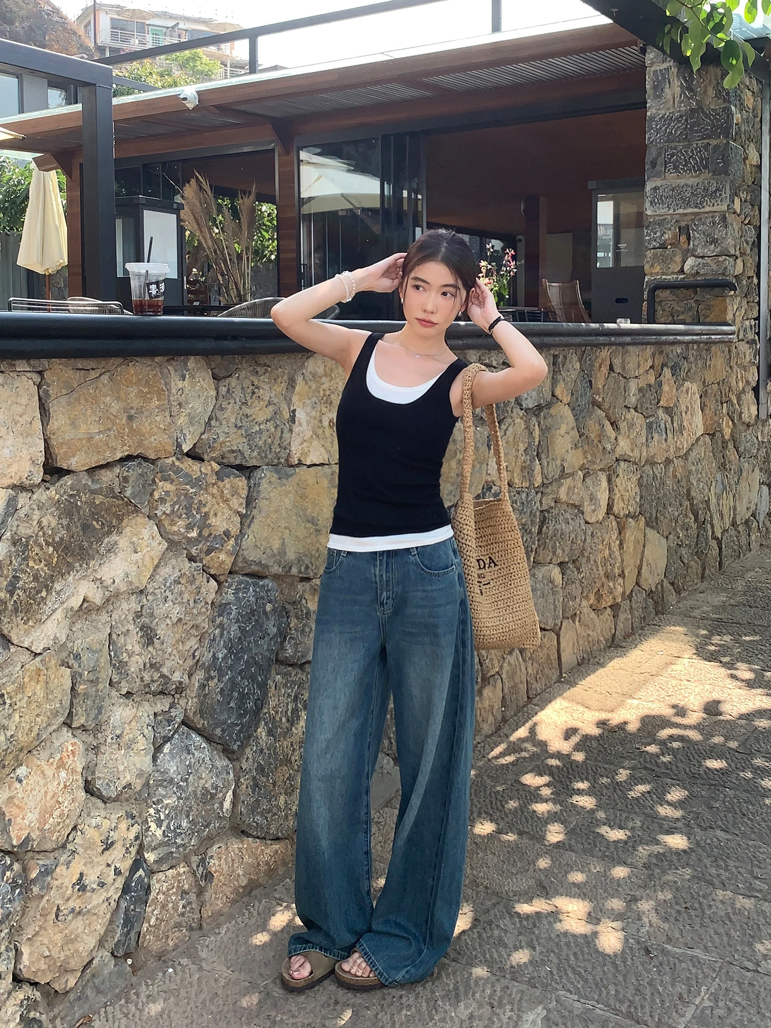 

Pusumede винтажные синие прямые джинсы женские летние свободные утягивающие повседневные широкие брюки длиной до пола с высокой талией хлопок