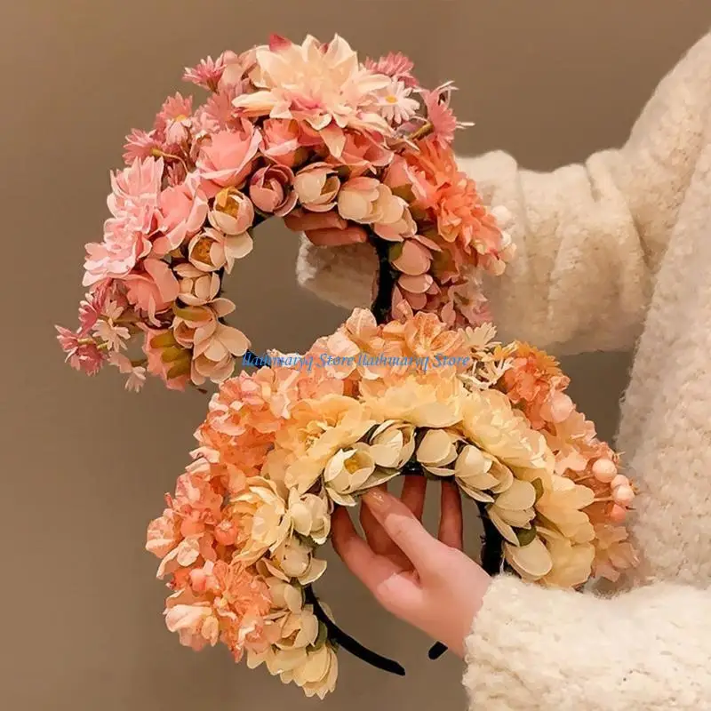 

573B Rose Flower Crown Headband for Women Girls Florals Hairband Wedding Festival Parties Silk Head Hoop Hair Accessories