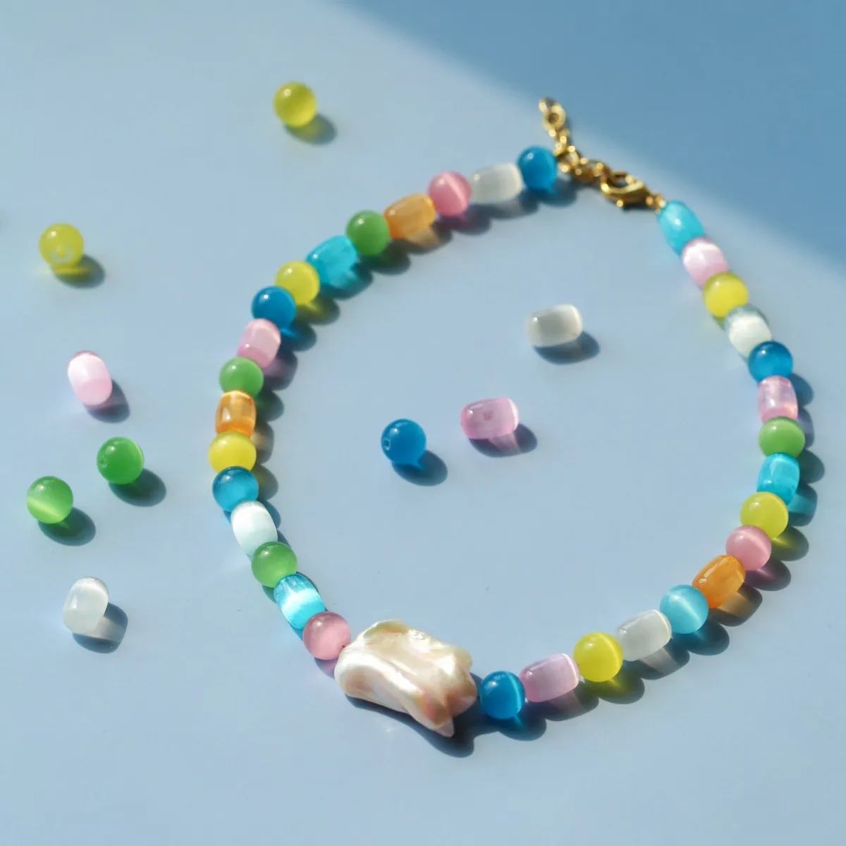 2026 Spring Summer Colorful Dopamine Cat Eye Stone Necklace, Sweet Candy Color Baroque Choker
