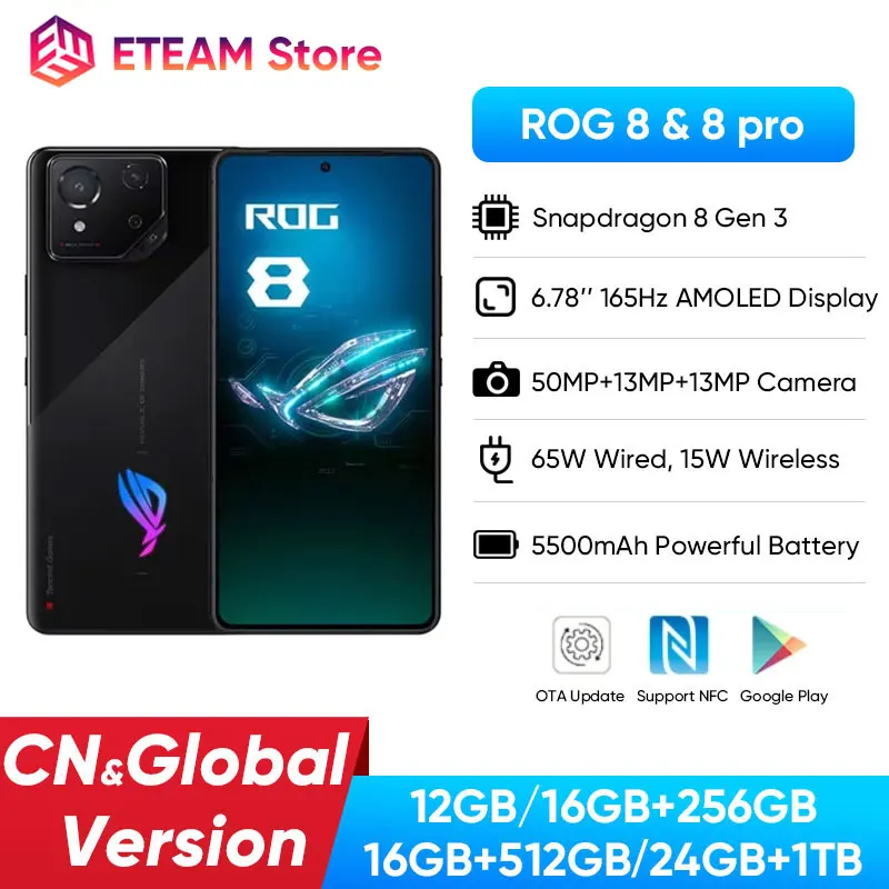 2024 ASUS ROG 8 및 8 프로 5G 게임용 휴대폰, 스냅드래곤 8 Gen 3 6.78 인치 165Hz AMOLED 스크린, 5500mAh 65W 고속 충전 글로벌 롬, 신제품