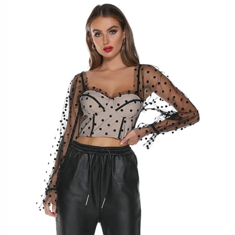 2023 New Summer Women's Polka-dot Sexy Net Yarn Perspective Y2k Top New Stitching Trumpet Sleeves Exposed Navel T-shirt Women