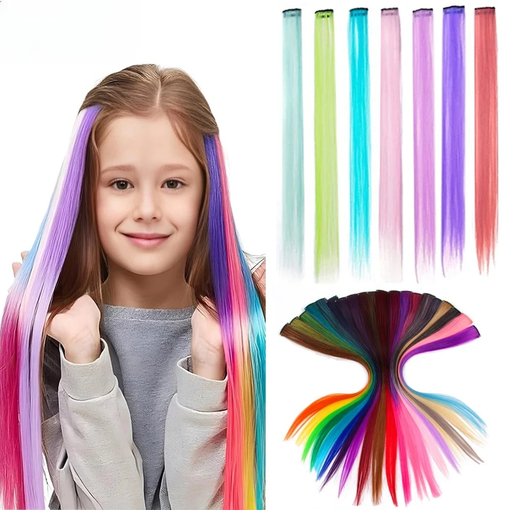 

Straight Colored Hair Piece Hair Extensions Clip In Highlight Rainbow Hair Pink Blue Purple Synthetic On Clips For Women Girls