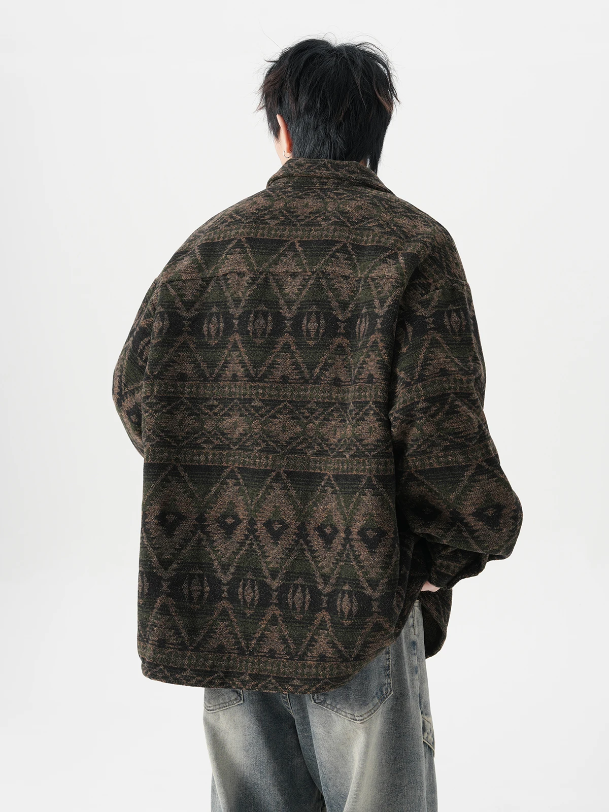 2025 Spring and Autumn New Men's Retro Printed Brown Shirt Jacket Loose Casual Turn-down Collar Wine Red Pink Jacket