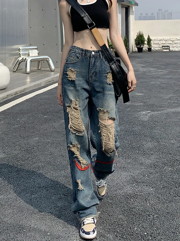 Frayed Hole Jeans Women European Style Retro Loose Washed High Street Moto Unisex Wide Leg Asymmetrical Full Length Leisure 2023