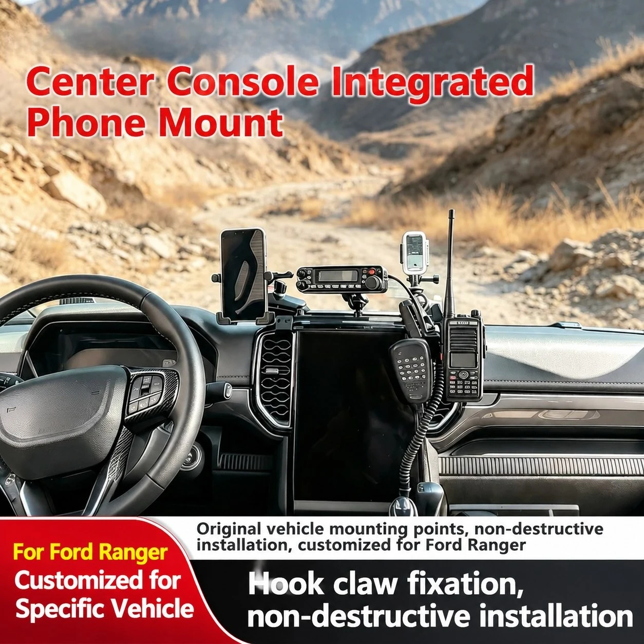 For Ford Ranger Center Console Integrated Bracket Anti-shake Phone Holder Radio Handheld Mic Action Camera Expansion Mount