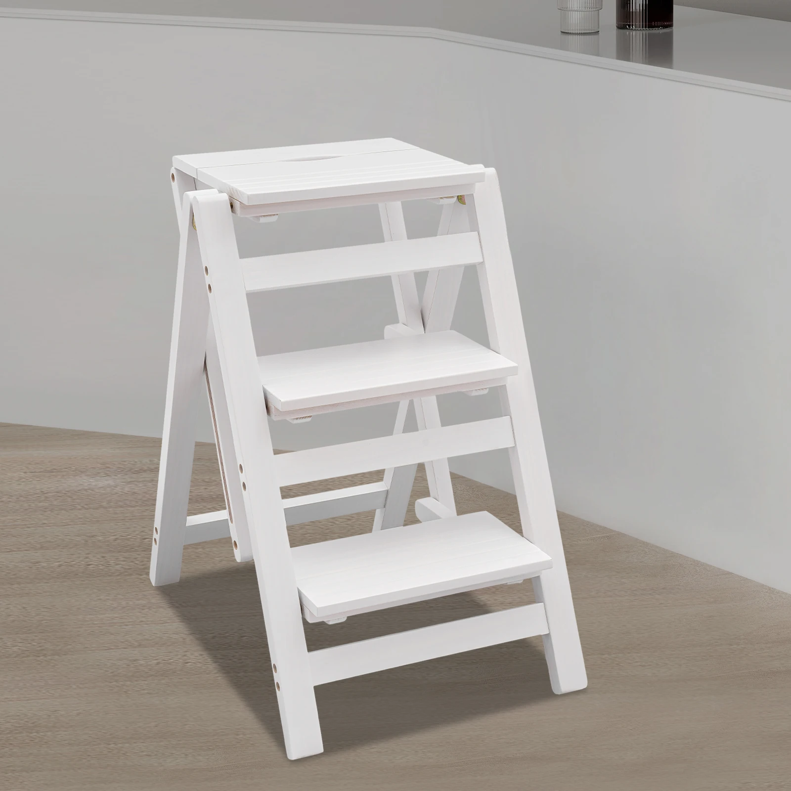 

3 Step Folding Step Ladder Anti-Slip Wide Pedal 220lbs Pine Ladder Sturdy Step Rack Working Stools for Garage Home Outdoor Work
