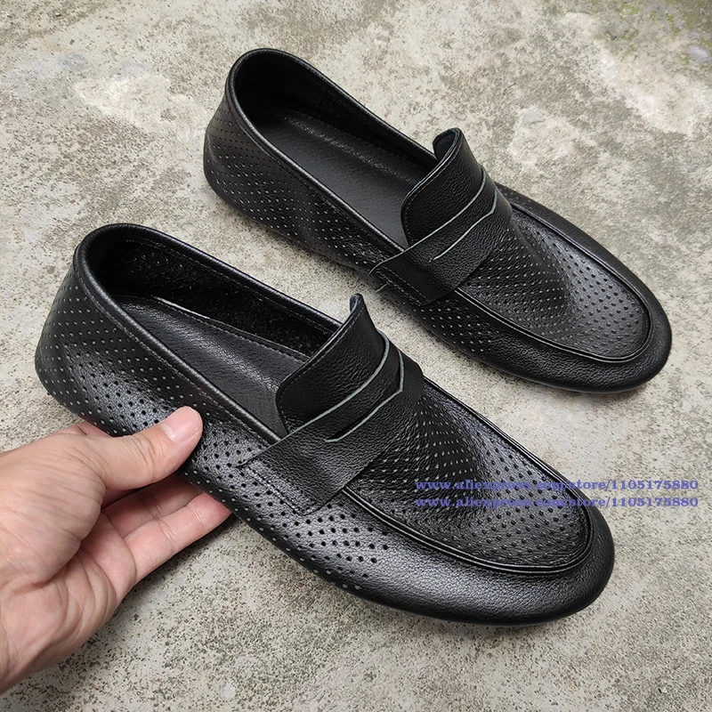 

Hollow Out Breathable Loafers Summer Leather Shoes Soft Leather Soft Sole Flats Black Leather Casual Shoes Handmade Men's Shoes