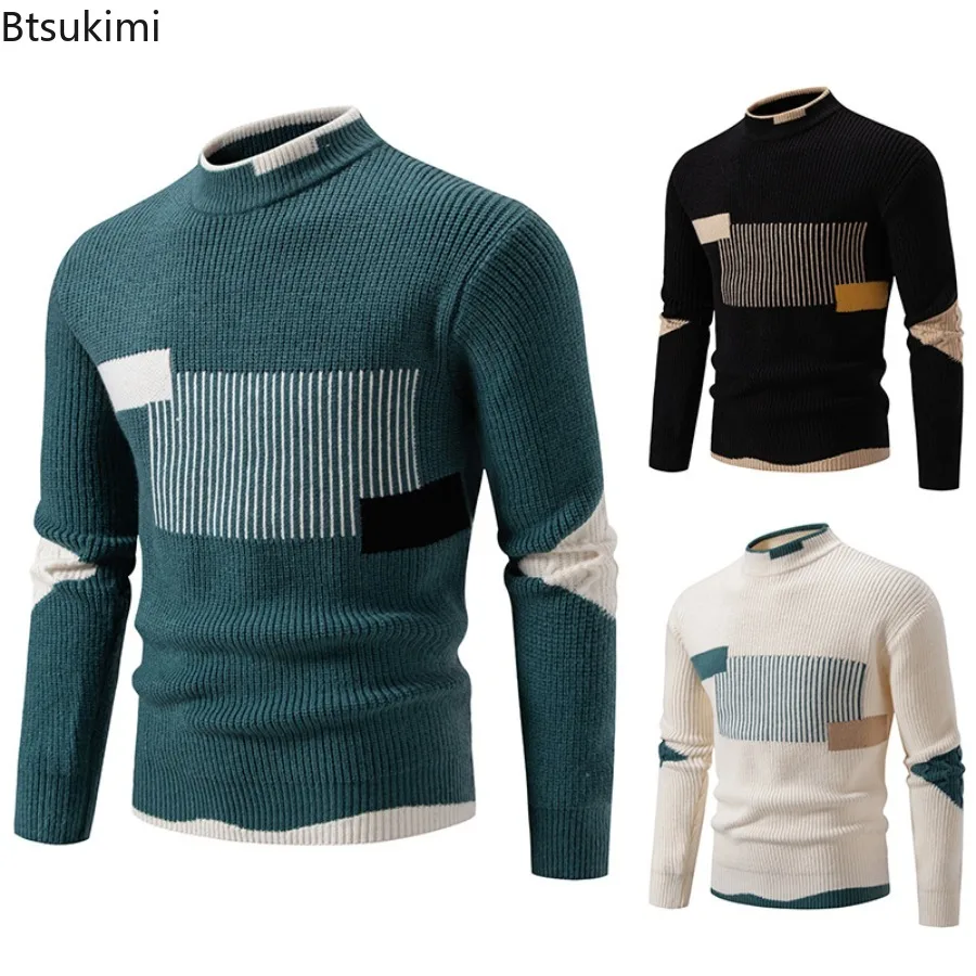 2025 Men's Sweater Fashion Color Block Autumn/Winter Knitted Sweater Fashion High Street Pullover Outdoor Loose Warm Thick Coats