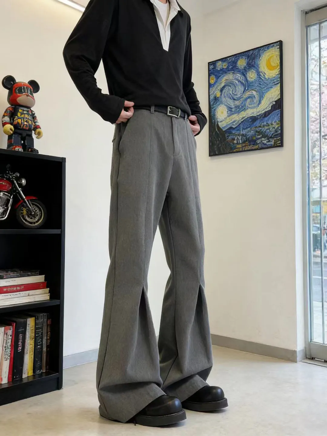 Cleanfit Grey Pleated Micro Flared Men's Pants Straight Leg Casual Trousers Slim Fit Drapey High-End Feeling Cool Style