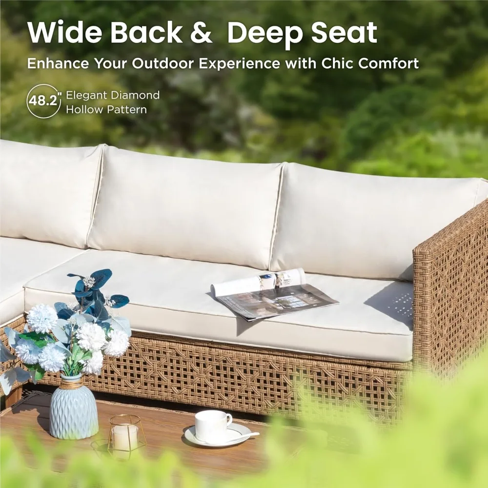 

Sectional Outdoor Couch, Small Patio Furniture Set with Cushions and Acacia Wood Coffee Table, L-Shaped Wicker, Customized