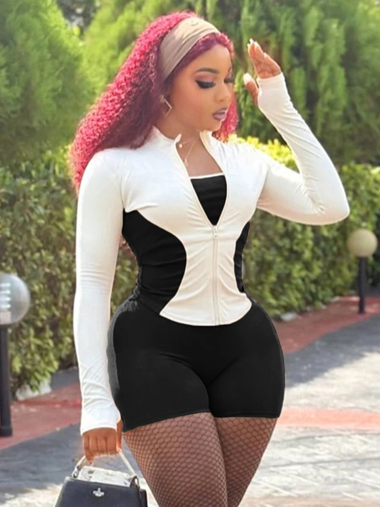 kliou Casual Panelled Women 2 Piece Set Fashion Daily Zip-up Full Sleeve Slim Tops+Solid Stretch Shorts Female Basic Tracksuits