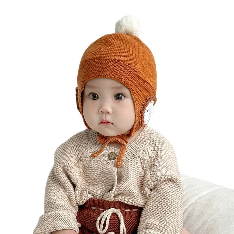 Gorro de bebé para otoño e invierno, gorro de punto cálido con dibujos animados para bebé, gorro grueso con protección para los oídos, gorro de lana para bebé de pequeña edad