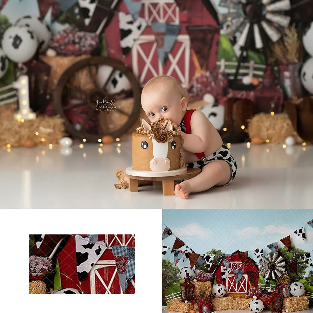 

Farm Theme Backdrop Red Barn and Cow Kids Baby Cake Smash Photography Props Child Adult 1st Birthday Studio Backgrounds