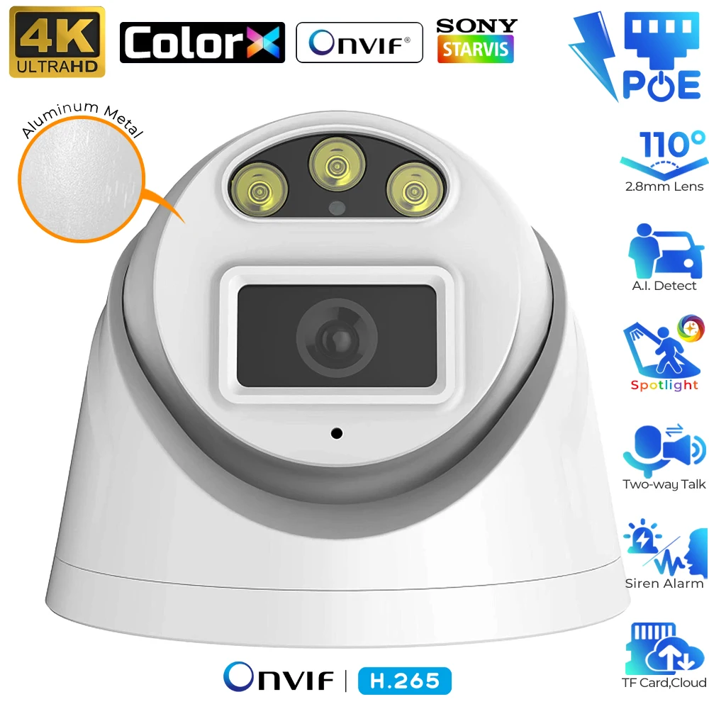 4K 8MP Fixed Dome PoE IP Camera Outdoor 108° Wide Angle Security Camera for Home Surveillance Color Night Vision 2-way Audio Cam