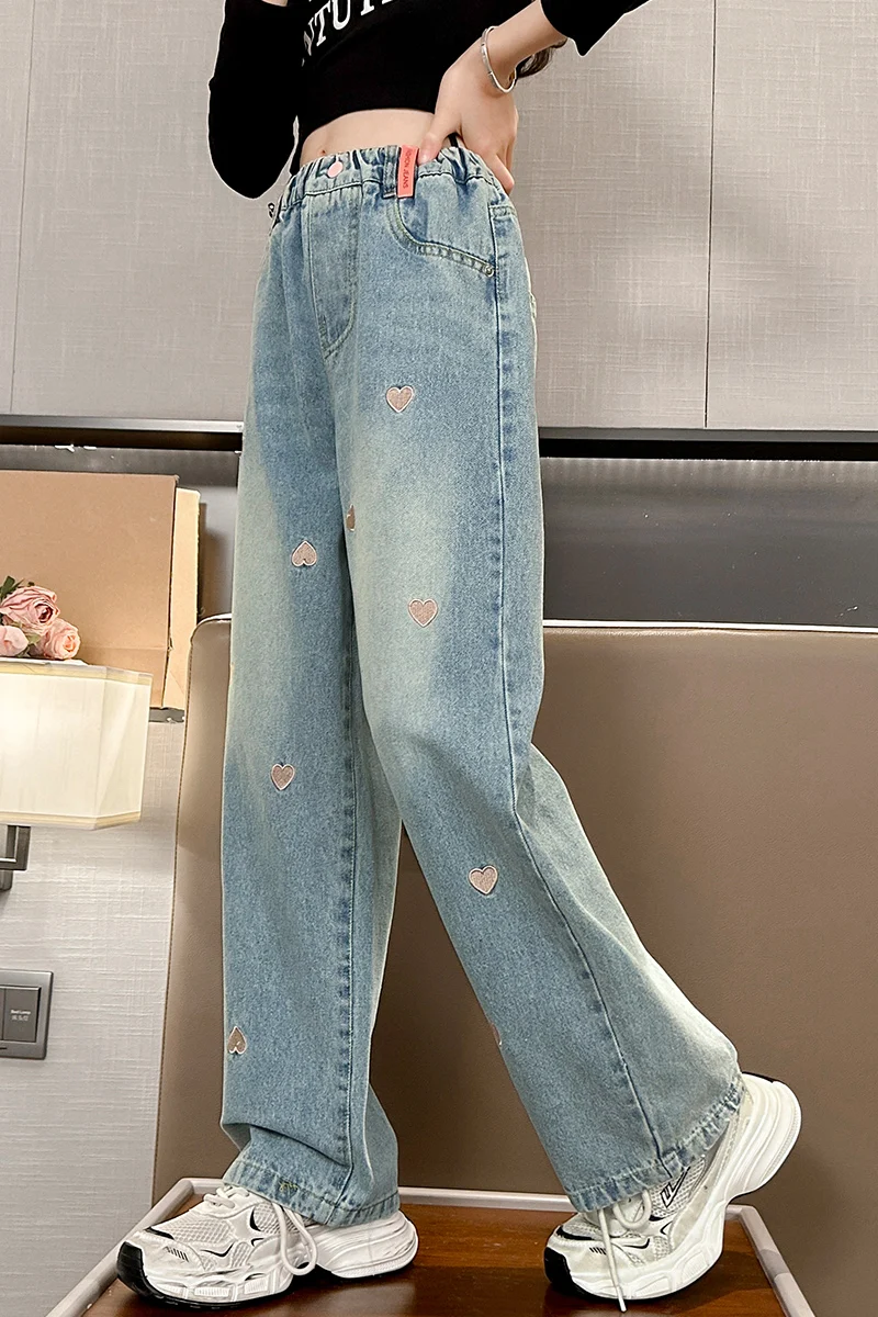 2024 Spring and Autumn Girls Versatile Love Metal Buckle Wide Leg Pants Pocket Jeans Elastic Waist Pants 1-6 Years Old