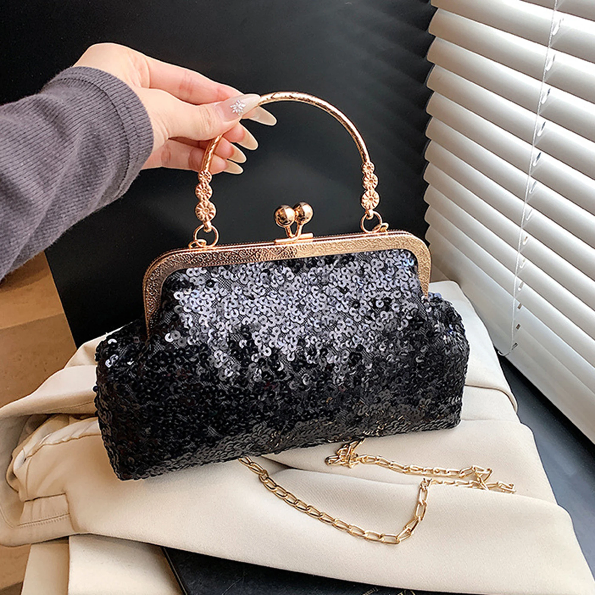 محفظة كلاتش أنيقة مزخرفة بأحجار الراين مع حزام سلسلة قابل للفصل للحفلات المسائية والمناسبات الخاصة #5