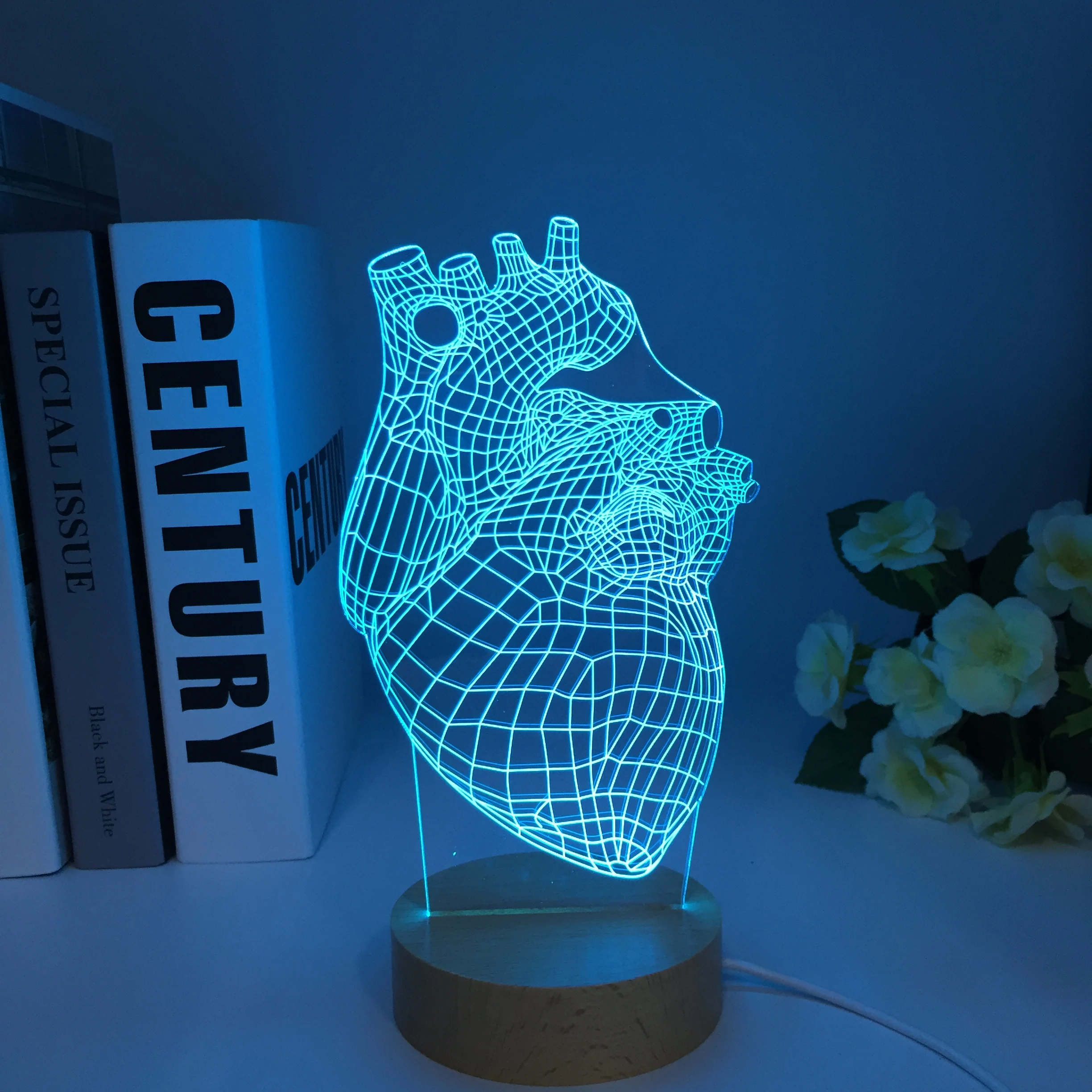 The Heart Shape Wooden Round Base 3D Lamp Battery Powered 7 Colors Present for Children Atmosphere Led Night Light Lamp Dropship