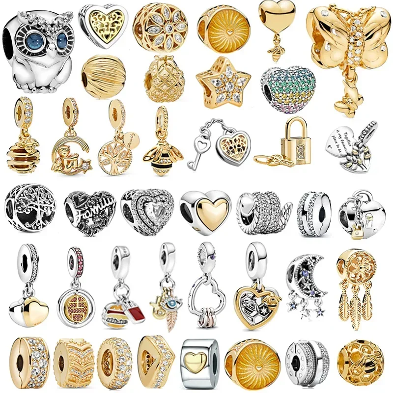 Abalorios originales de Plata de Ley 925 y oro, corona, árbol genealógico, cadena de seguridad, cuentas huecas para pulsera Pandora, joyería para mujer, regalo DIY