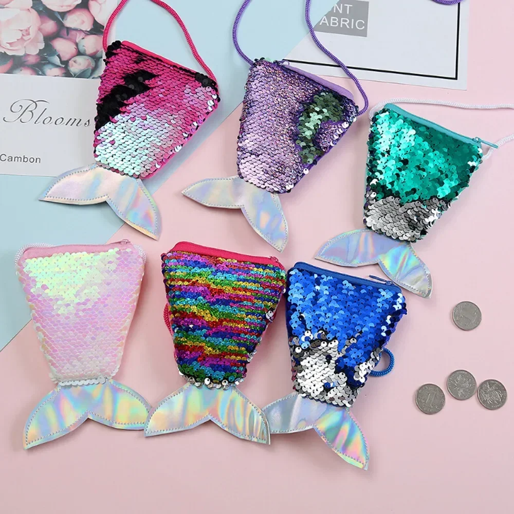 Small Mermaid Sequins Bling Wallet Purse Bags String Pouch Headband cartera for Kids Birthday Glitter Gift carteras para mujeres