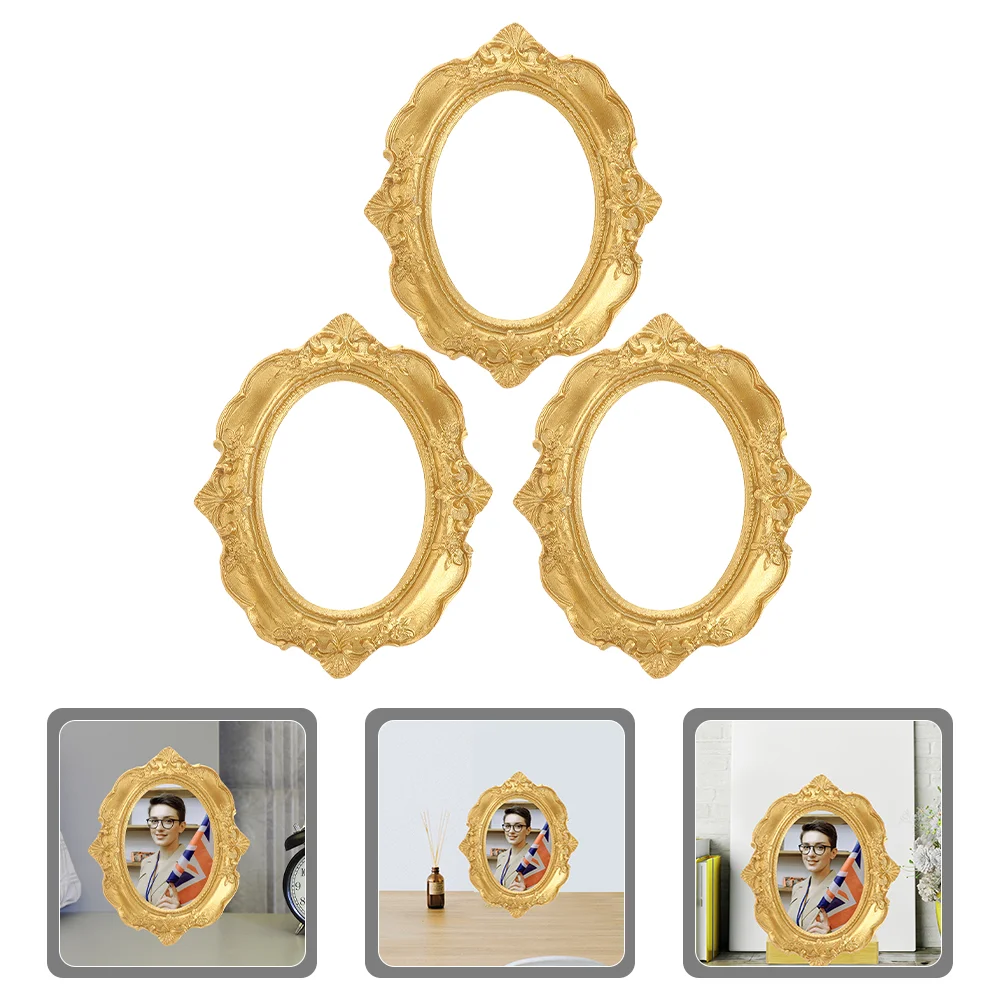 3 Pcs Mini Photo Frame Picture Kit Decoration Miniature Prop Decorative Family Resin Vintage Golden