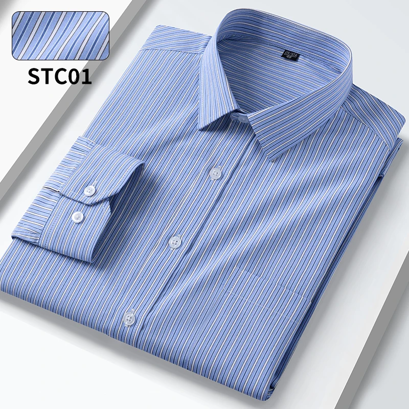 2026 Men Formal Shirt Long Sleeve Office Solid Color Striped Fashion Business Pocket Blue Social Shirt Men's Clothing 5XL
