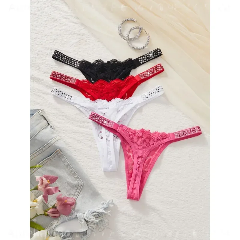 4 Pcs Set Letter Rhinestone Lace Thongs Women Sexy Low‑Waist Sheer Panties Premium Soft Comfort Fabric Hot Intimate Lingerie For Ladies Night Daily Wear