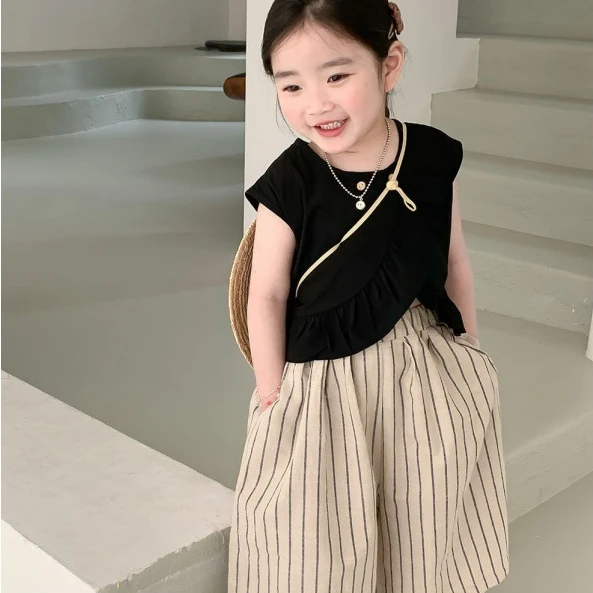 

Girls Two-piece Korean Suit 2024 Summer Baby Girls Lotus Leaf Sleeveless Doll Shirt Vertical Stripe Wide-leg Pants Two-piece Set