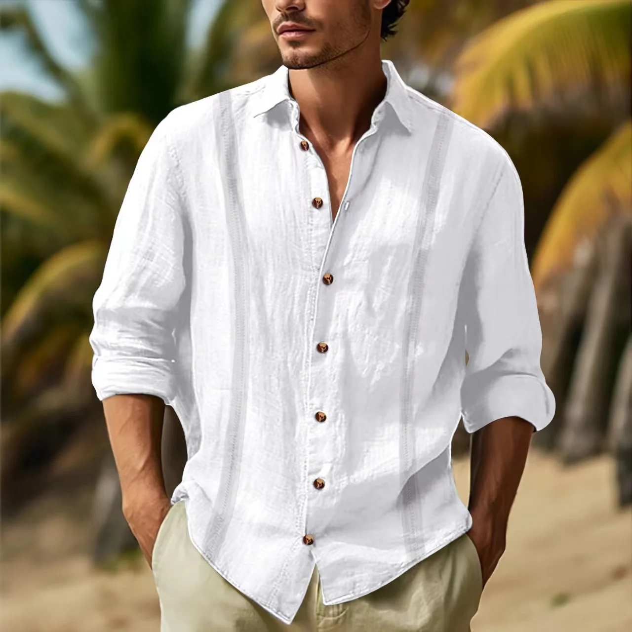 Chemise décontractée à manches longues pour hommes, double ruban épissé, revers monochrome, Guayabella cubaine, coton chanvre, printemps et automne 2024, nouveau